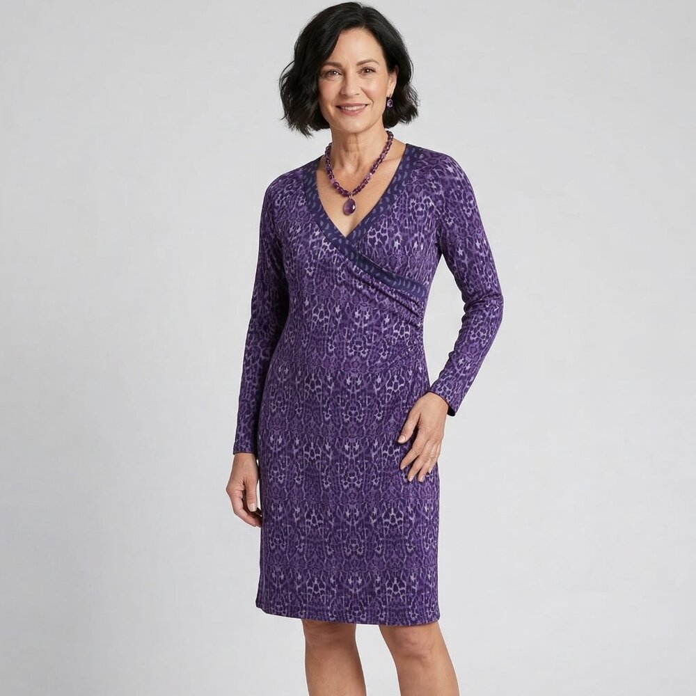 Soft Surroundings Dress Size L Faux Wrap Purple Animal Print